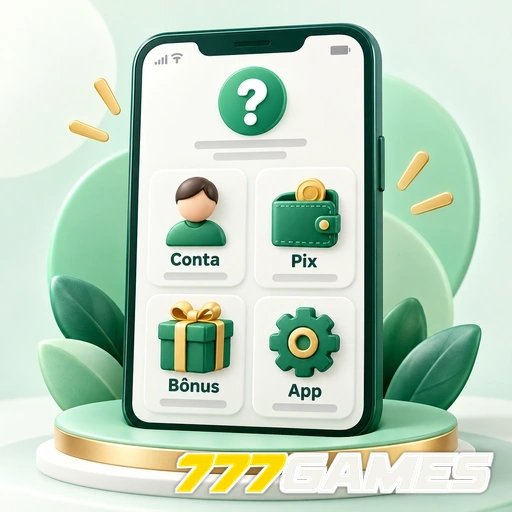 777GAMES — ilustração de celular com categorias de ajuda sobre conta, Pix, bônus e aplicativo