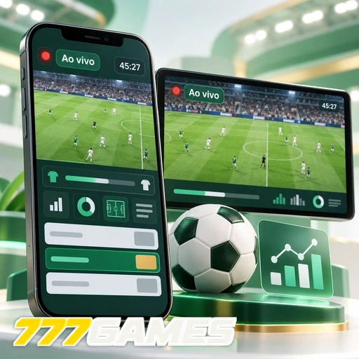 777GAMES — ilustração de celular e tablet com uma partida de futebol ao vivo