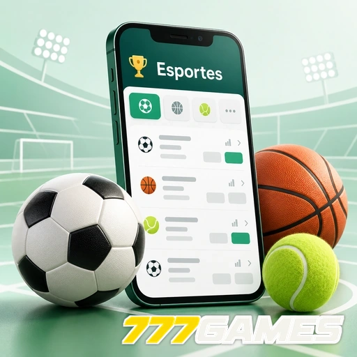 777GAMES — ilustração de aplicativo esportivo com bolas de futebol, basquete e tênis