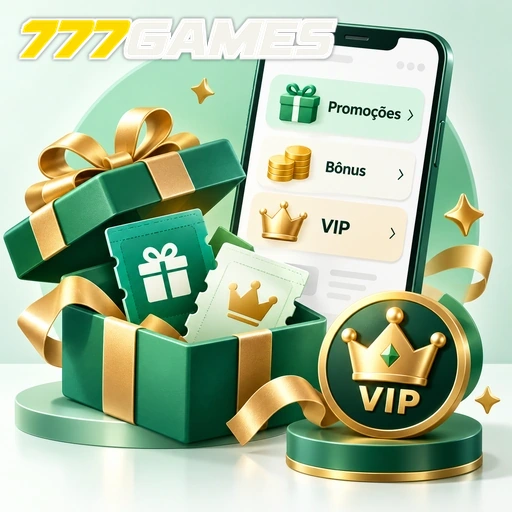 777GAMES — ilustração de presentes, promoções e símbolo VIP ao lado de um celular