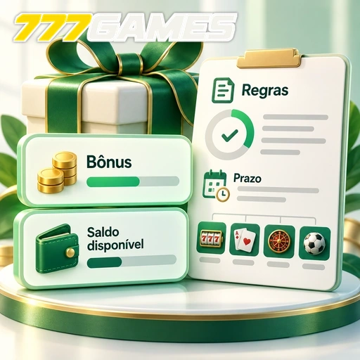 777GAMES — ilustração de bônus, saldo disponível e lista de regras e prazos