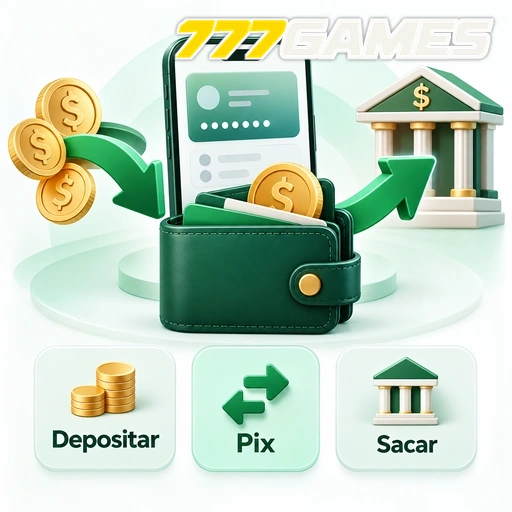 777GAMES — ilustração de carteira digital com depósito, Pix e saque