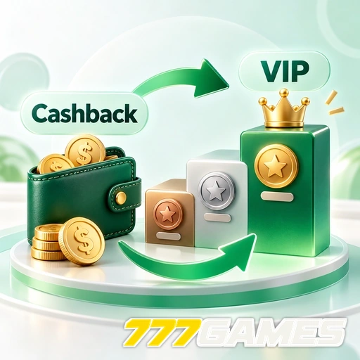 777GAMES — ilustração de cashback e nível VIP com moedas, carteira e coroa