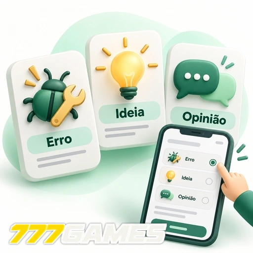 777GAMES — ilustração das categorias de feedback: erro, ideia e opinião