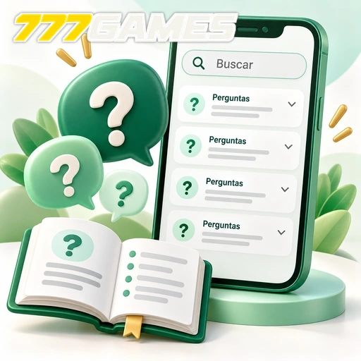 777GAMES — ilustração de perguntas frequentes no celular com busca e pontos de interrogação