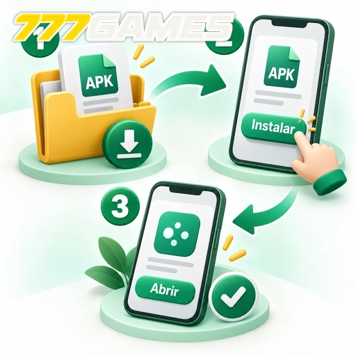 777GAMES — ilustração das etapas de baixar, instalar e abrir um APK no celular