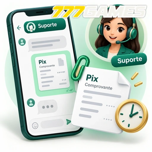 777GAMES — ilustração de atendimento por chat com comprovante Pix e relógio