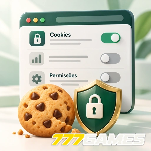 777GAMES — ilustração de configurações de cookies e permissões com escudo e cadeado