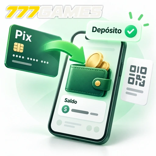 777GAMES — ilustração de depósito Pix com QR code, carteira e saldo no celular