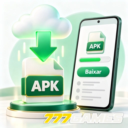 777GAMES — ilustração de download de APK com seta, nuvem e celular