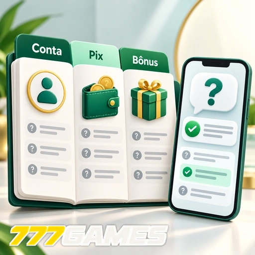 777GAMES — ilustração de ajuda sobre conta, Pix e bônus em telas de celular