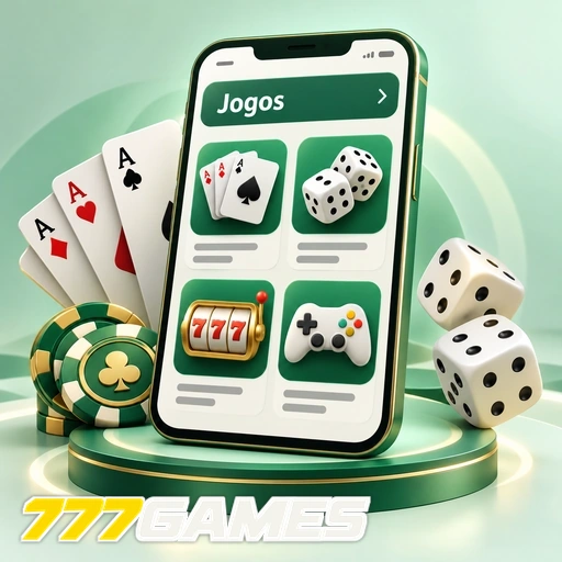 777GAMES — ilustração de jogos no celular com cartas, dados e fichas