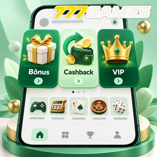 777GAMES — ilustração de lobby de jogos com bônus, cashback e área VIP
