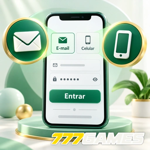 777GAMES — ilustração de login no celular com opções de e-mail e número de telefone