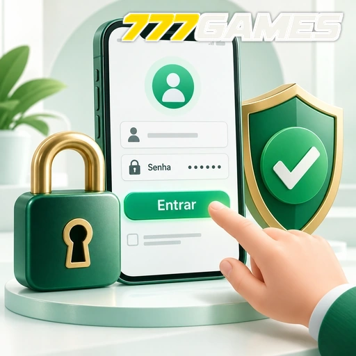 777GAMES — ilustração de login no celular com cadeado e escudo de segurança