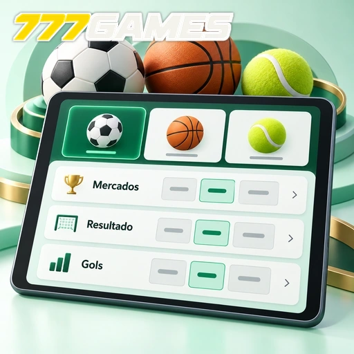777GAMES — ilustração de mercados esportivos em tablet com bolas de diferentes esportes