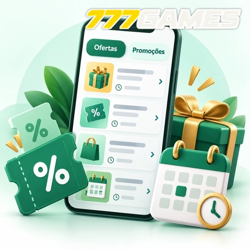777GAMES — ilustração de ofertas e promoções no celular com presentes e símbolos de porcentagem