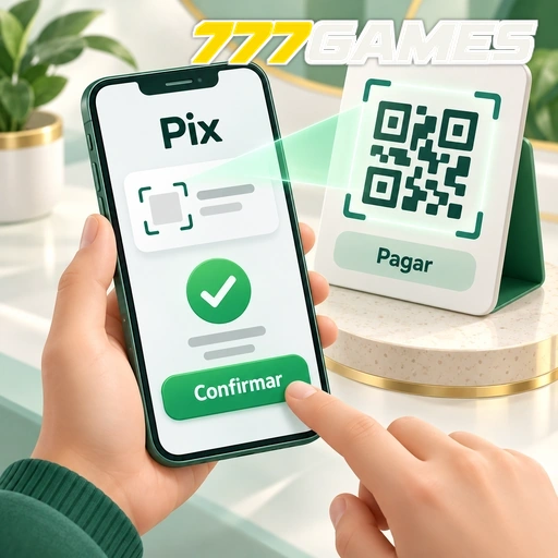 777GAMES — ilustração de pagamento Pix no celular com QR code e confirmação