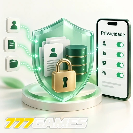 777GAMES — ilustração de privacidade e proteção de dados com escudo, cadeado e celular
