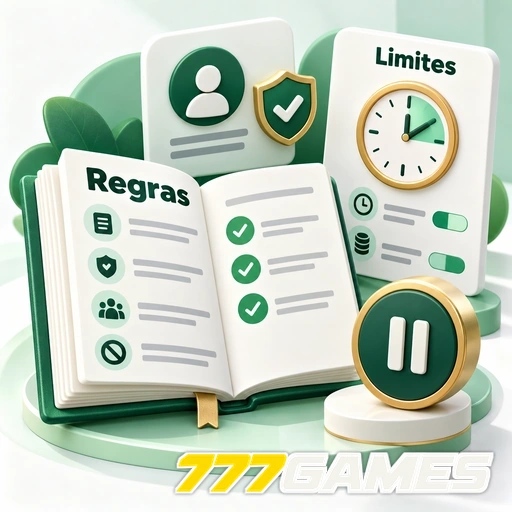 777GAMES — ilustração de regras de uso com lista, limites de tempo e símbolo de pausa