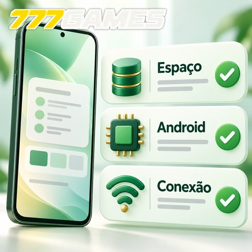 777GAMES — ilustração dos requisitos de espaço, Android e conexão para o aplicativo