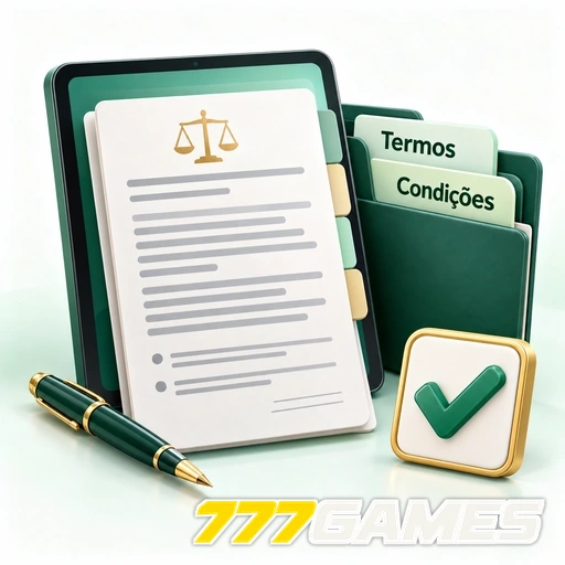 777GAMES — ilustração de termos e condições em documentos com caneta e símbolo de confirmação