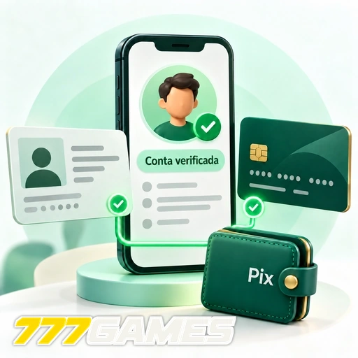 777GAMES — ilustração de verificação de conta com documento de identidade, cartão e carteira Pix